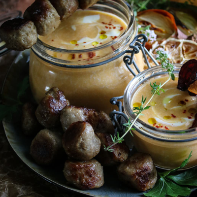 Ekologiska köttbullar med krämig sötpotatissoppa och krispiga tillbehör [HK Scan]